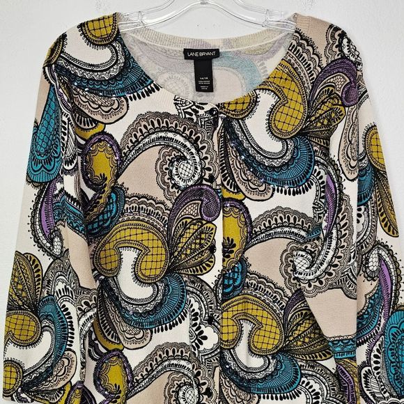 Lane Bryant Cardigan Sweater Multicolor Paisley Button Front Sequins Sz 14/16 - Picture 3 of 12